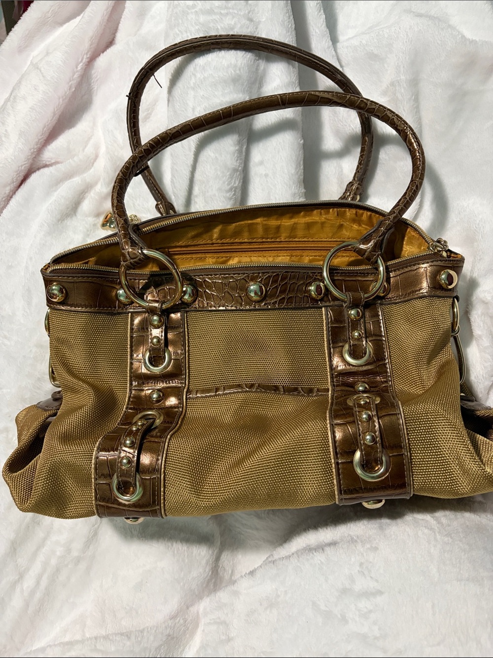 Kathy Van Zeeland Bronze-Tan Shoulder Tote with Metallic Trim